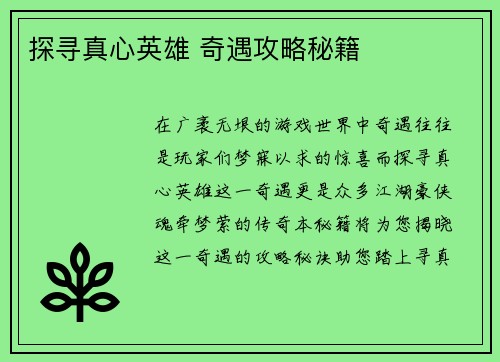 探寻真心英雄 奇遇攻略秘籍